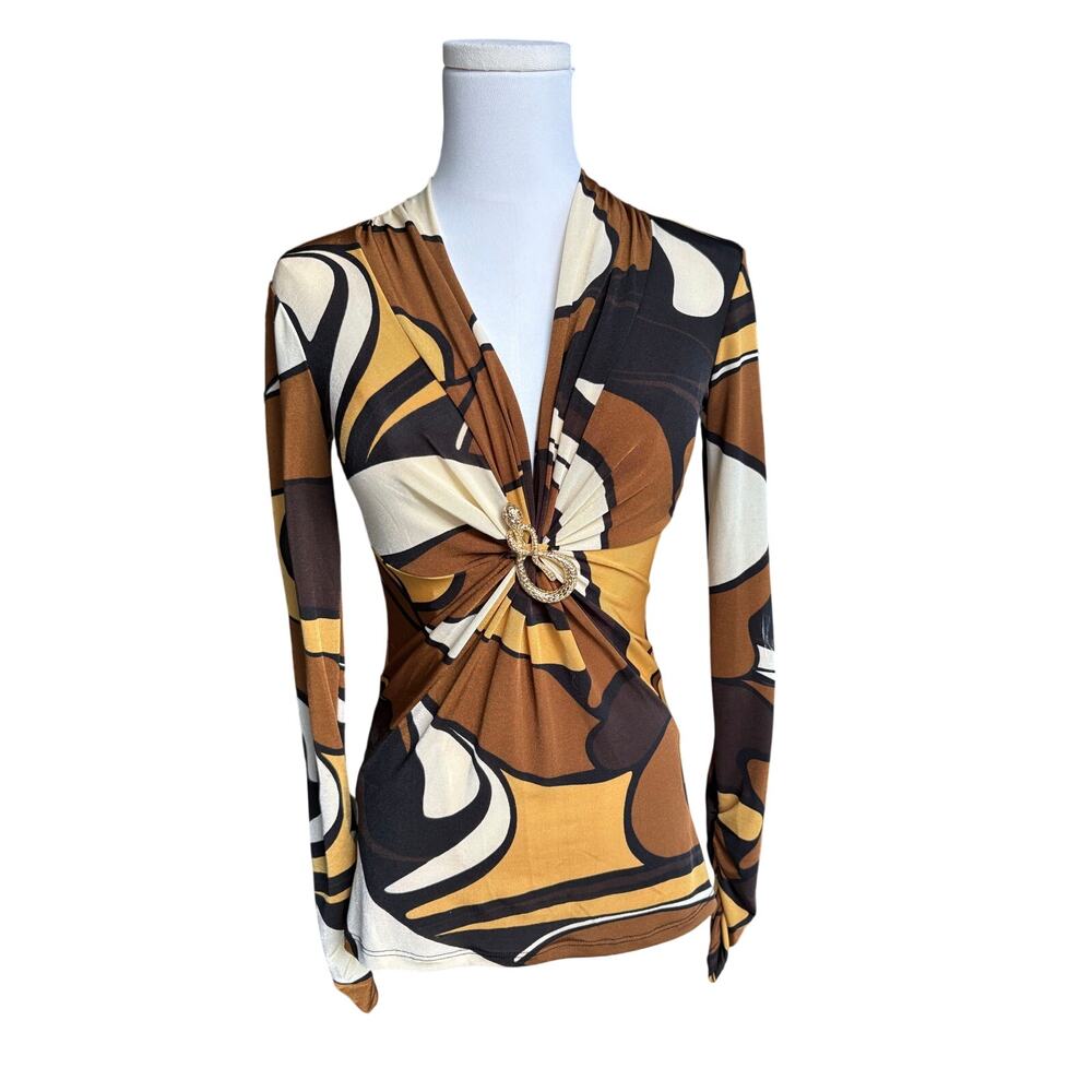 Vintage Cache Stretch V-Neck Blouse Snake Hardware Long Sleeve Stretch XS